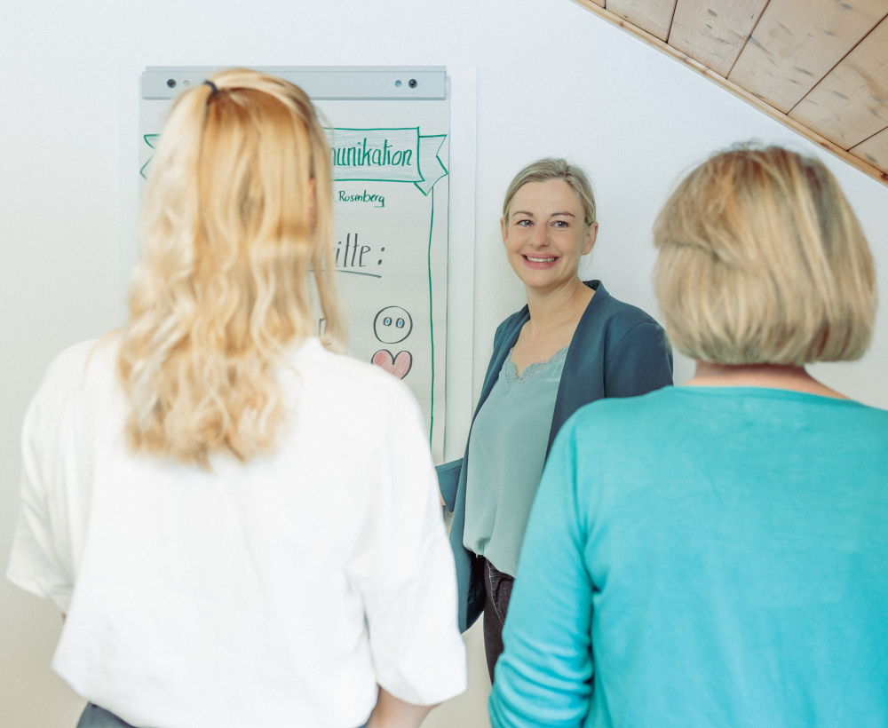 Nicole Nittnaus führt ein Seminar und zeichnet auf einem Flipchart.